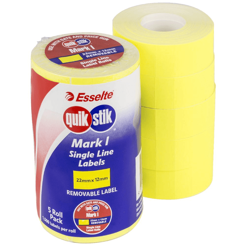 Quikstik Mark I Pricing Gun Label Removable 1500 Labels/Roll Fluoro Yellow Box 5 48265 - SuperOffice