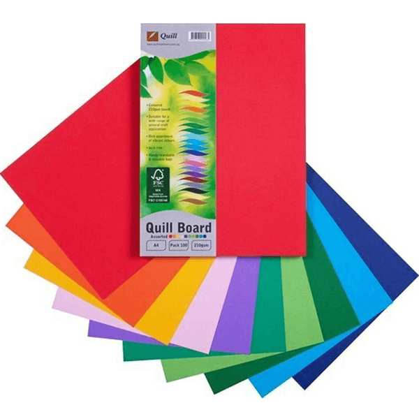 Quill Board 210Gsm Thick A4 Assorted Colours Pack 100 Sheets Cardboard Paper 100850181 / 90330 - SuperOffice
