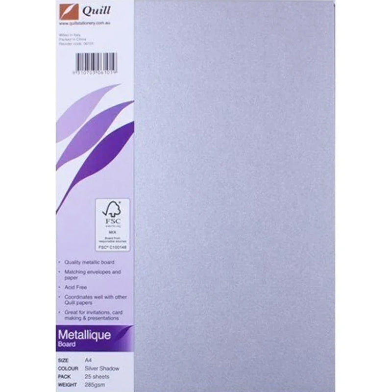 Quill Metallique Board 285GSM A4 Silver Shadow Pack 25 100850015 - SuperOffice