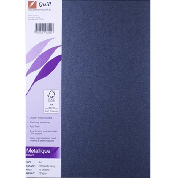 Quill Metallique Board Paper 285GSM A4 Anthracite Pack 25 Sheets Metallic 100850018 (Anthracite) - SuperOffice