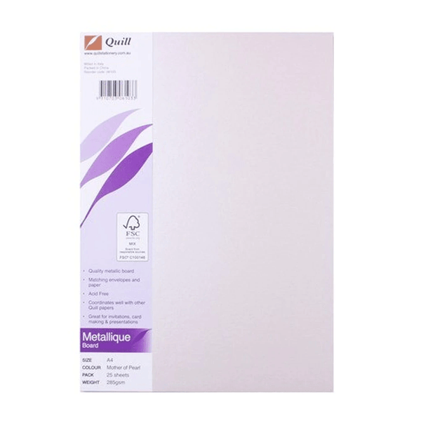 Quill Metallique Board Paper Thick 285GSM A4 Mother Of Pearl Pack 25 100850017 - SuperOffice