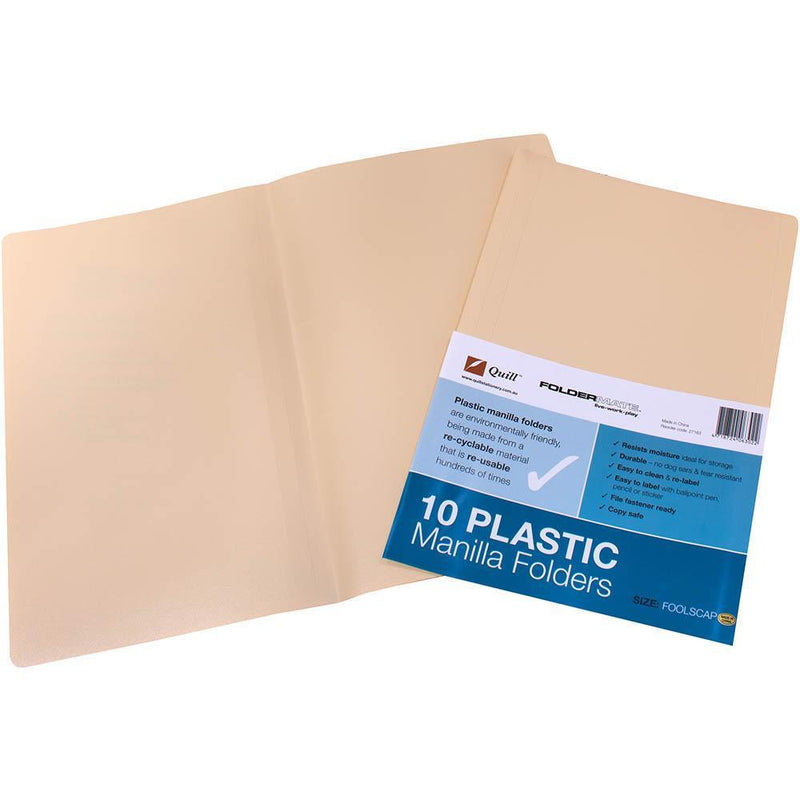 Quill Plastic Manilla Folders Foolscap Pack 10 100852093 - SuperOffice