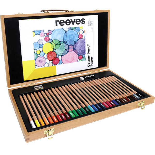 Reeves 34pc Coloured Pencils Pad Eraser Sharpener Set Wooden Box 0063220 - SuperOffice