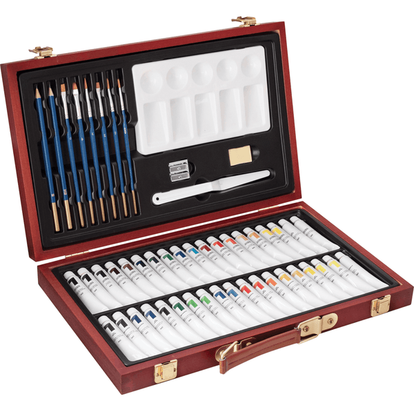 Reeves Acrylic Paints Brush Pencils Palette Sharpener Eraser Wooden Gift Box Set 0063270 - SuperOffice