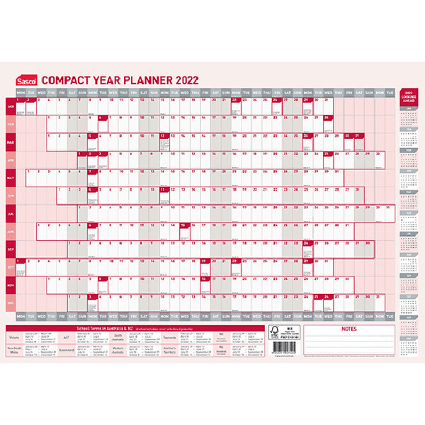 Sasco 2022 Compact Year Planner 420x594mm Wallmount 1043522 (2022 Compact Year Planner) - SuperOffice