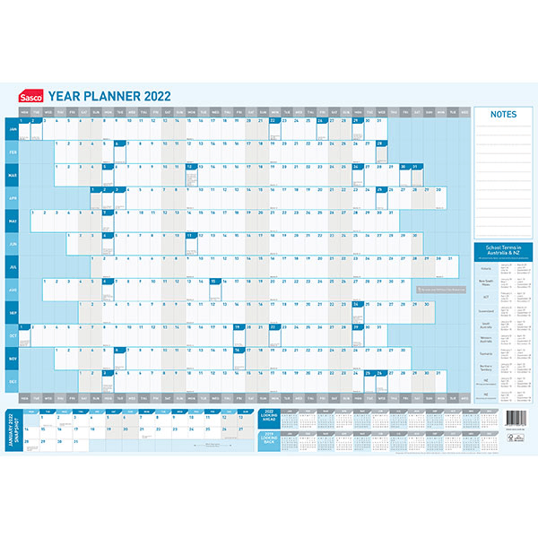 Sasco 2022 Year Wall Planner Calendar 610x870mm 1058022 (2022 Sasco Year Planner) - SuperOffice