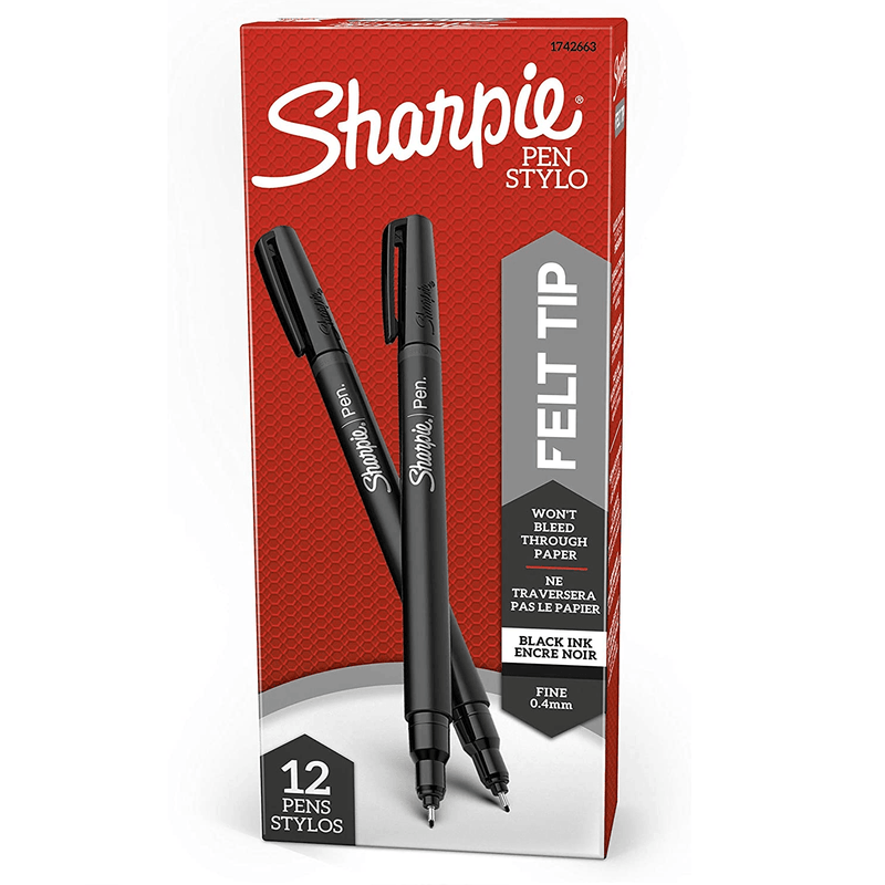 Sharpie Fineliner Pen Fine Felt Tip Stylo 0.4mm Black Box 12 1742663 (0.4mm Box 12) - SuperOffice