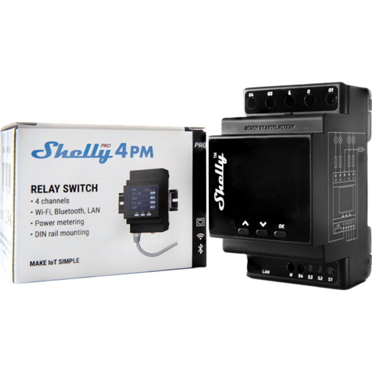 Shelly Pro 4PM Relay Switch 4 Channels Circuit Rail Wi-Fi LAN Bluetooth SHELLY4PMPRO - SuperOffice