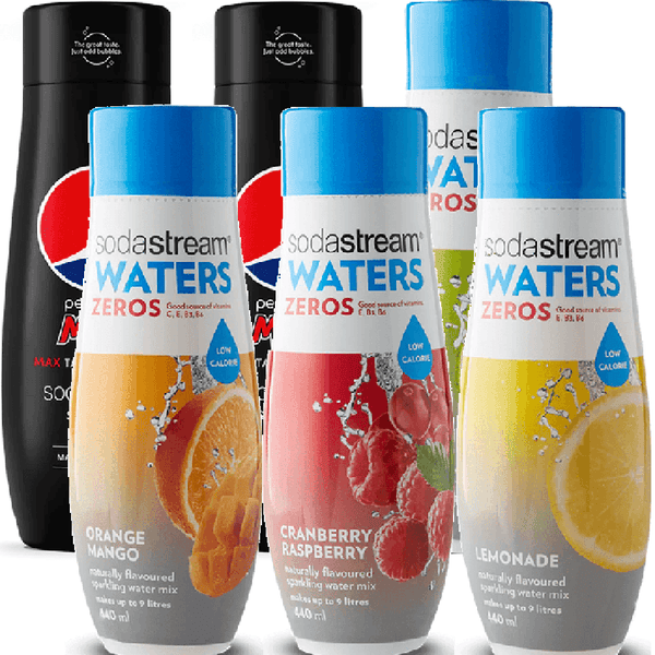 SodaStream Zero No Sugar Variety Assorted Pack Syrup Soda Mix 440mL [SODA1] Orange Mango|Cranberry Raspberry|Lime|Pepsi Max|Lemonade - SuperOffice