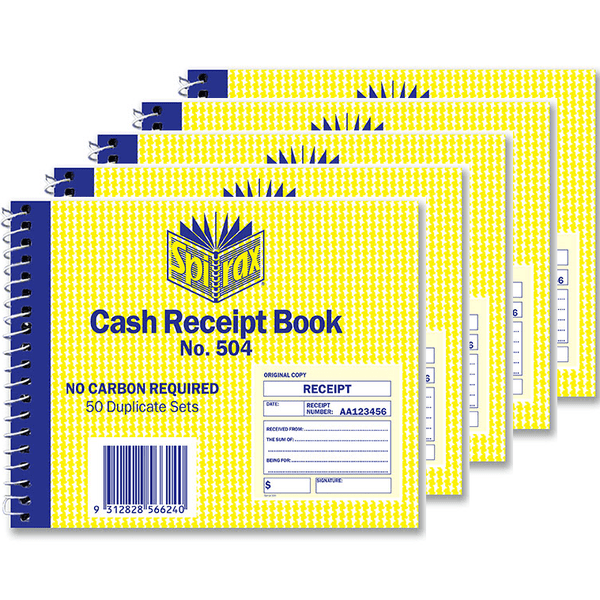 Spirax 504 Cash Receipt Book 102x127mm No Carbon Pack 5 56504 (5 Pack) - SuperOffice