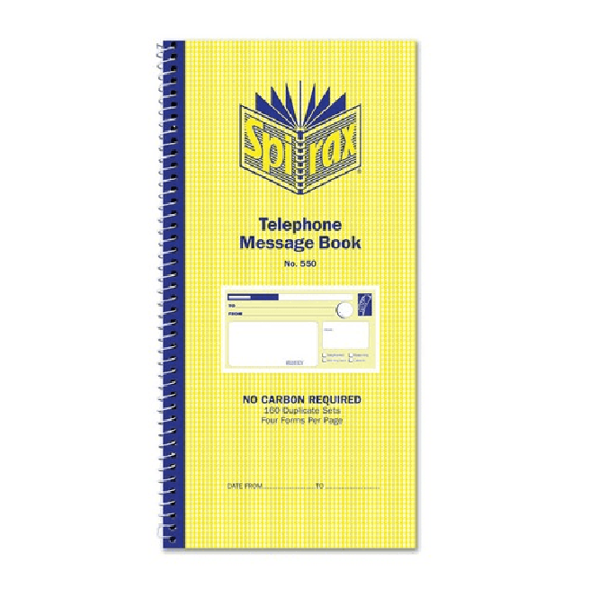 Spirax 550 Telephone Message Book Carbonless 160 Page 279x144mm 55227 - SuperOffice