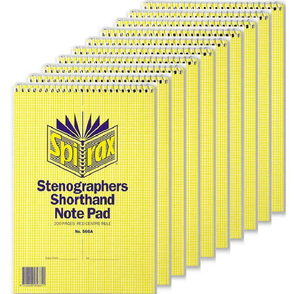 Spirax 566A Stenographers Short Hand Notebook Spiral Bound Top Open 100 Page 225x152mm 10 Pack 56054 (10 Pack) - SuperOffice