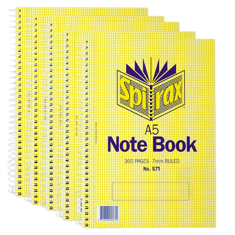 Spirax 571 Notebook A5 Spiral Bound 300 Page Pack 5 56571 (Pack 5) - SuperOffice