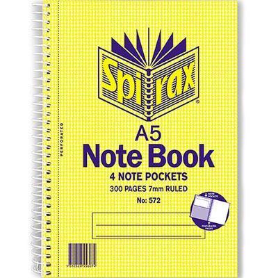 Spirax 572 Notebook 7Mm Ruled 4 Pockets Spiral Bound 300 Page A5 56572 - SuperOffice
