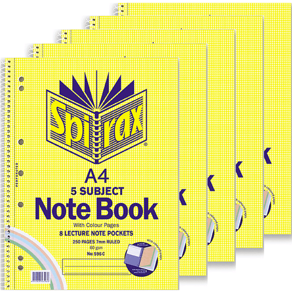 Spirax 596C 5-Subject Notebook 7mm Ruled Coloured Paper Spiral 250 Page A4 Pack 5 56596C (5 Pack) - SuperOffice