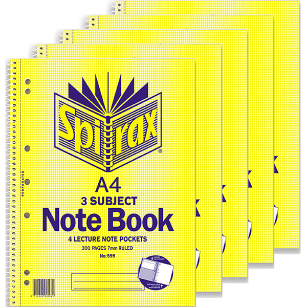 Spirax 599 3-Subject Notebook 7mm Ruled Spiral Bound 300 Page A4 Pack 5 56599 (5 Pack) - SuperOffice