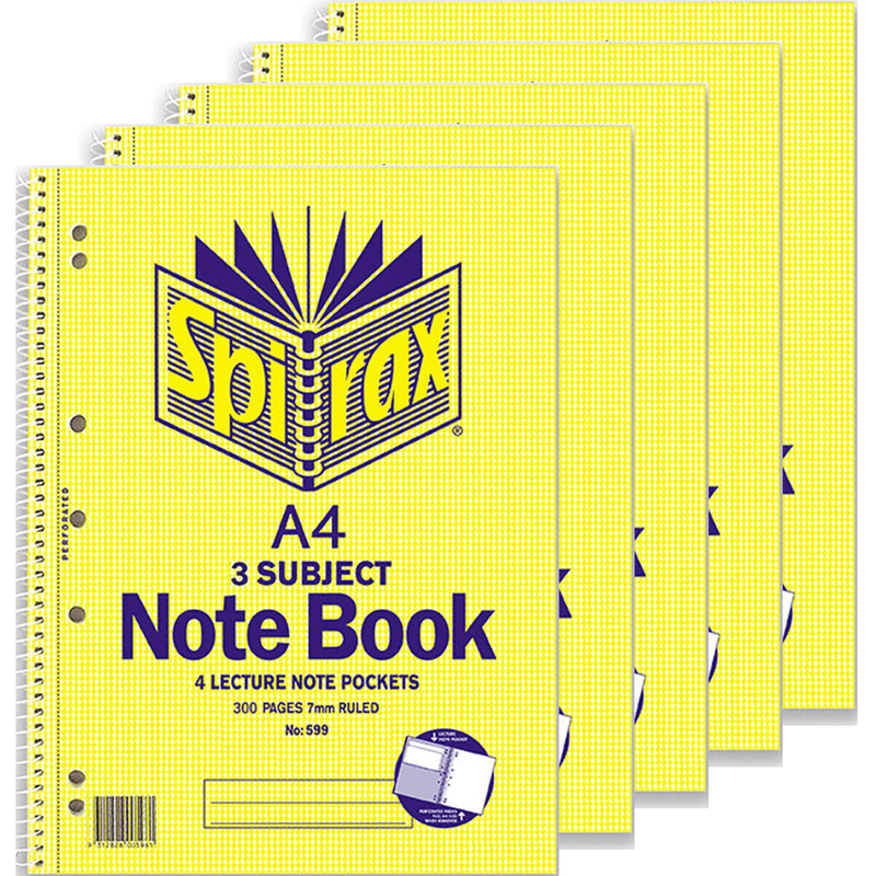 Spirax 599 3-Subject Notebook 7mm Ruled Spiral Bound 300 Page A4 Pack 5 56599 (5 Pack) - SuperOffice