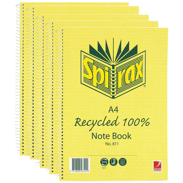 Spirax 811 Spiral Bound Recycled Notebook A4 240 Page 70gsm Pack 5 56801 (Pack 5) - SuperOffice