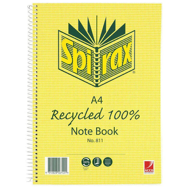 Spirax 811 Spiral Bound Recycled Notebook A4 240 Page 70gsm Pack 5 56801 (Pack 5) - SuperOffice