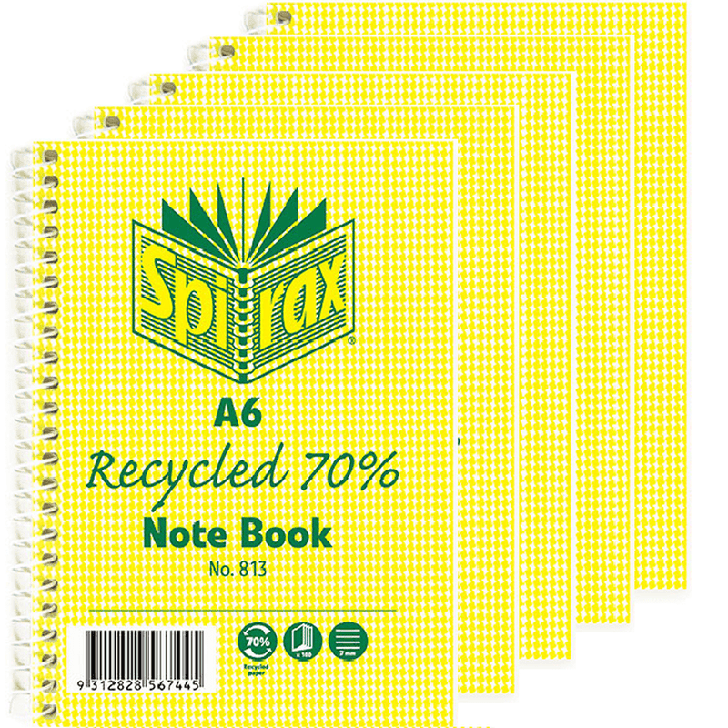 Spirax 813 Notebook 7Mm Ruled 70% Recycled Spiral Bound A6 100 Page Pack 5 56803 (5 Pack) - SuperOffice