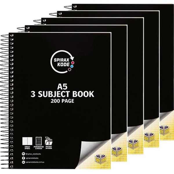 Spirax Kode 3-Subject Section Notebook Book A5 Black 5 Pack Bulk 56961C (5 Pack) - SuperOffice