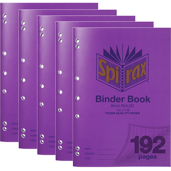 Spirax P128 Binder Notebook 8mm Ruled Lines 192 Page A4 5 Pack Purple 56128P (5 Pack) - SuperOffice
