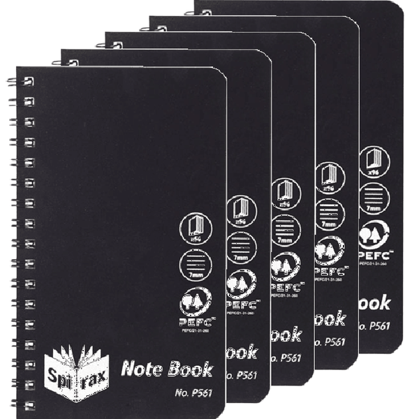 Spirax P561 Notepad Spiral Bound Side Open 96 Page 147X87mm Black Pack 5 5604700 (5 Pack) - SuperOffice