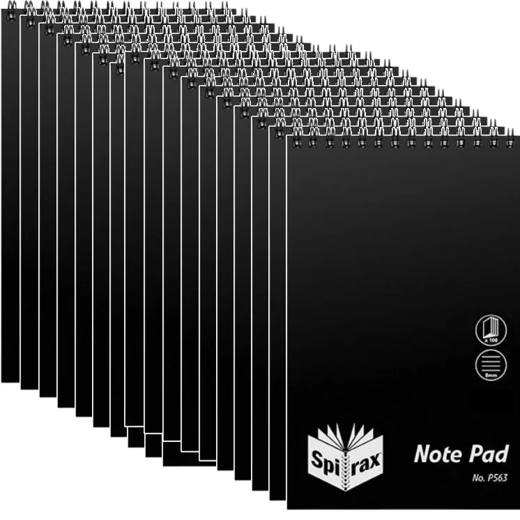 Spirax P563 Reporters Notebook Spiral Bound Top Open 100 Page 200x127mm Black 20 Pack 5604800 (20 Pack) - SuperOffice