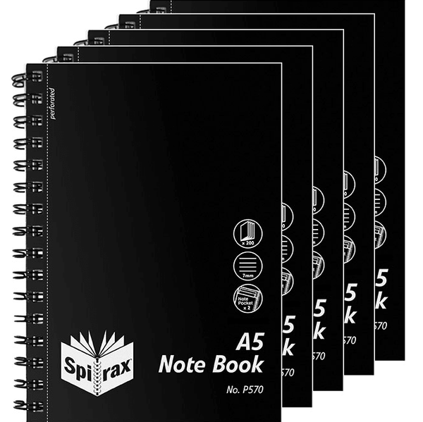 Spirax P570 Notebook 7mm Ruled Polypropylene Cover Spiral Bound 200 Page A5 Black 5 Pack 5657000 (5 Pack) - SuperOffice