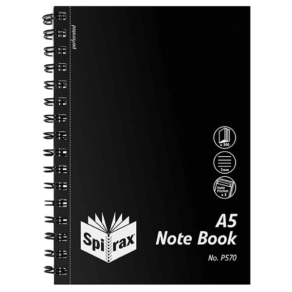 Spirax P570 Notebook 7mm Ruled Polypropylene Cover Spiral Bound 200 Page A5 Black 5 Pack 5657000 (5 Pack) - SuperOffice