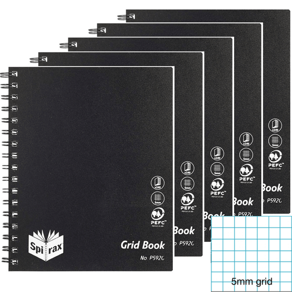 Spirax P592G Grid Book 5mm 240 Page 222x178mm Black 5 Pack 5659000 (5 Pack) - SuperOffice