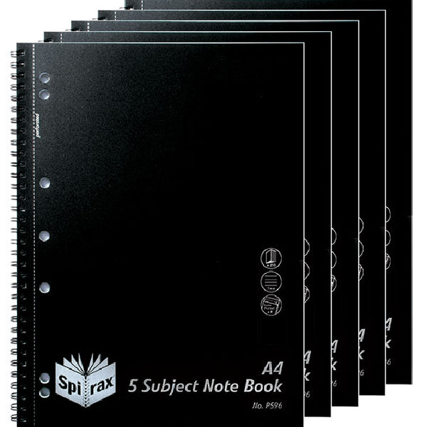 Spirax P596 5-Subject Notebook 7mm Ruled Spiral Bound 250 Page A4 Black Pack 5 4311100 (5 Pack) - SuperOffice
