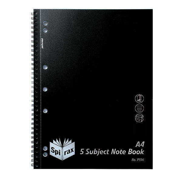 Spirax P596 5-Subject Notebook 7mm Ruled Spiral Bound 250 Page A4 Black Pack 5 4311100 (5 Pack) - SuperOffice
