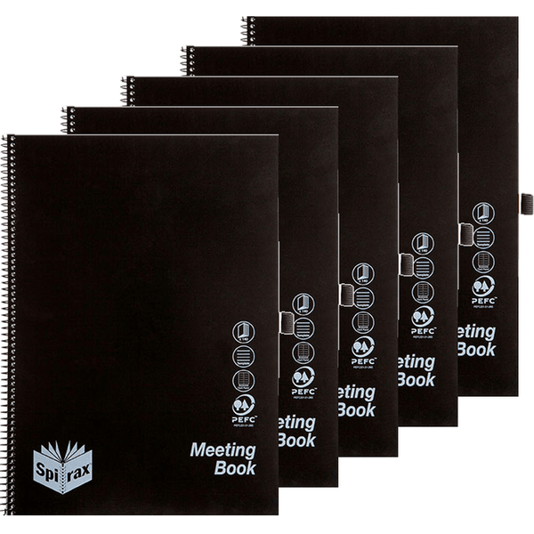 Spirax P703 Meeting Book Spiral Bound 140 Page A4 Black 5 Pack 565703 (5 Pack) - SuperOffice