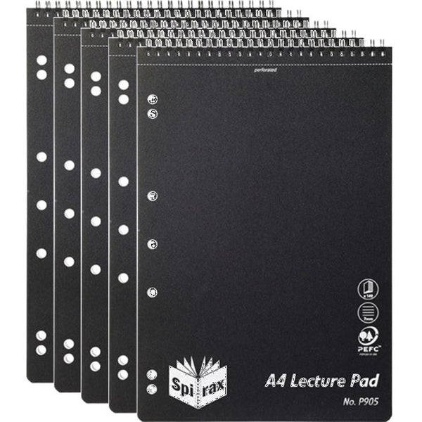 Spirax P905 Lecture Pad Book Spiral Bound Top Open 140 Page A4 Black 5 Pack 4090000 (5 Pack) - SuperOffice