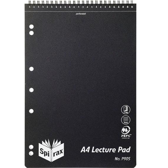 Spirax P905 Lecture Pad Book Spiral Bound Top Open 140 Page A4 Black 5 Pack 4090000 (5 Pack) - SuperOffice