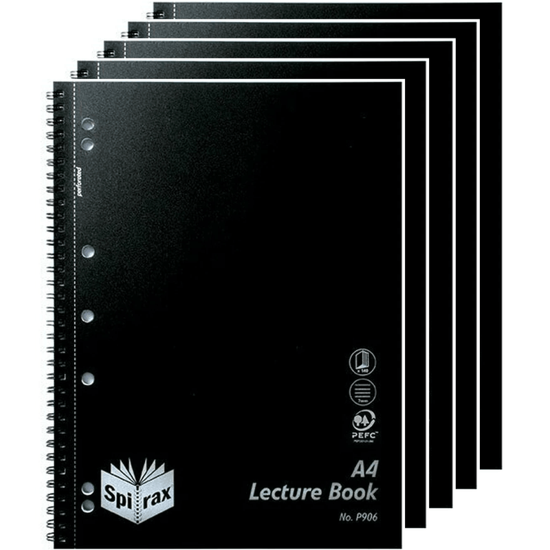 Spirax P906 Lecture Book 7mm Ruled 7 Hole Punched Wiro Bound A4 Black 5 Pack 5690600 (5 Pack) - SuperOffice