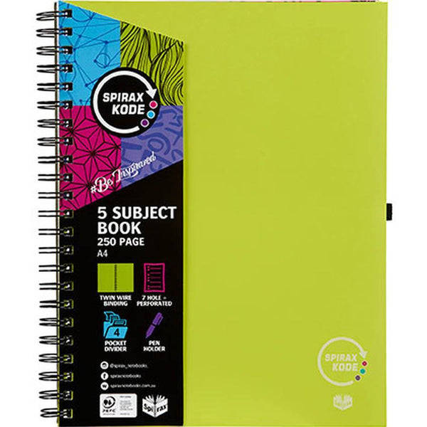 Spirax P960 Kode 5-Subject Notebook Spiral Bound 250 Page A4 Green 56960G - SuperOffice