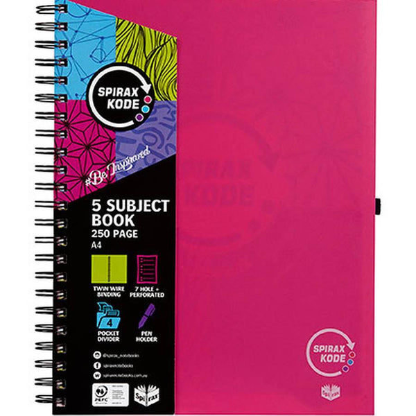 Spirax P960 Kode 5-Subject Notebook Spiral Bound 250 Page A4 Pink 56960P - SuperOffice