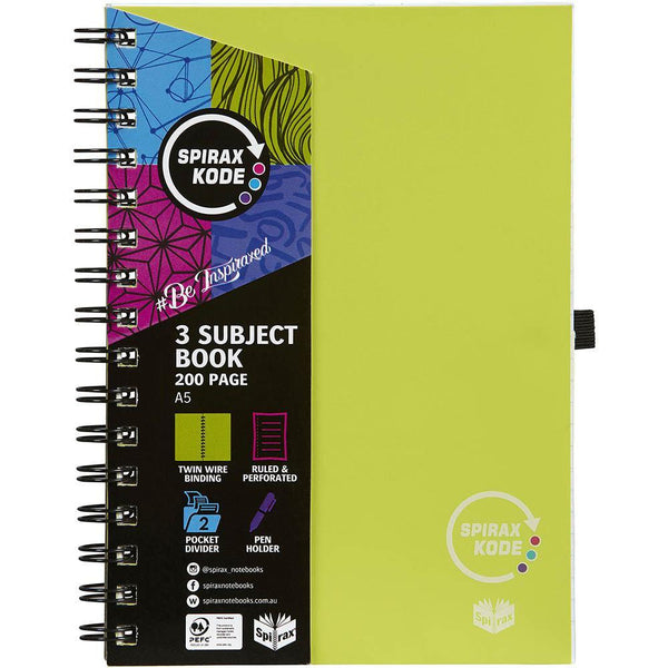 Spirax P961 Kode 3-Subject Notebook Spiral Bound 200 Page A5 Green 56961G - SuperOffice
