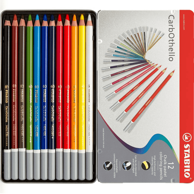 STABILO CarbOthello Chalk Pastel Coloured Pencils Tin Set 12 Aquarellable 0014138 - SuperOffice