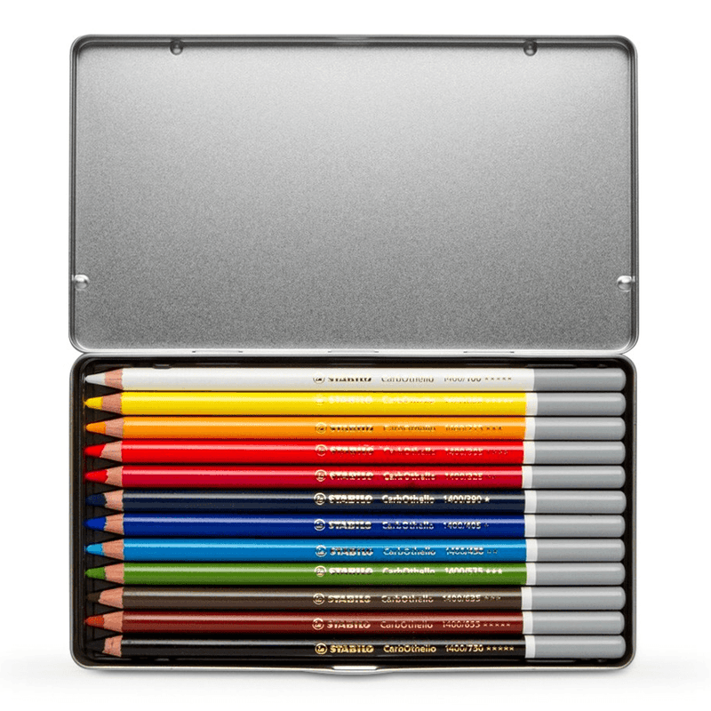 STABILO CarbOthello Chalk Pastel Coloured Pencils Tin Set 12 Aquarellable 0014138 - SuperOffice