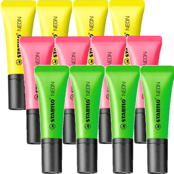 Stabilo Neon Highlighters Yellow Green Pink Pack 12 48834 (4 Pack) - SuperOffice