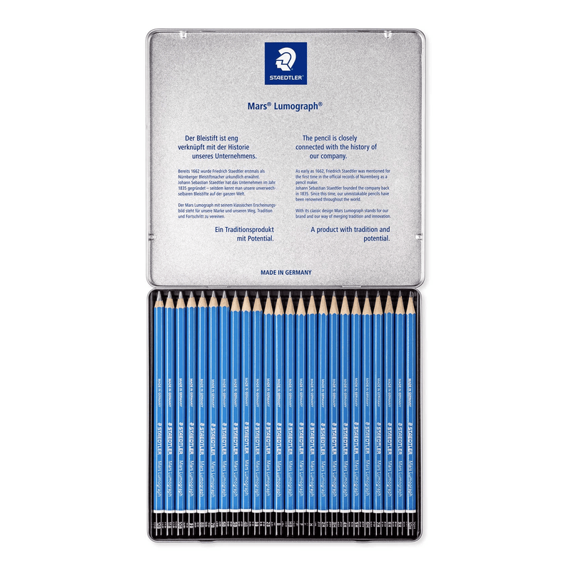 Staedtler 100 Mars Lumograph Sketching Pencil Assorted Shades Tin 24 100G24 - SuperOffice