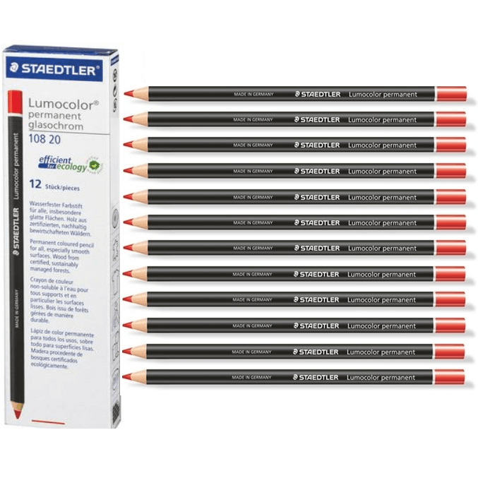Staedtler 108 Lumocolor Permanent Glasochrom Pencils Red Box 12 108202 - SuperOffice
