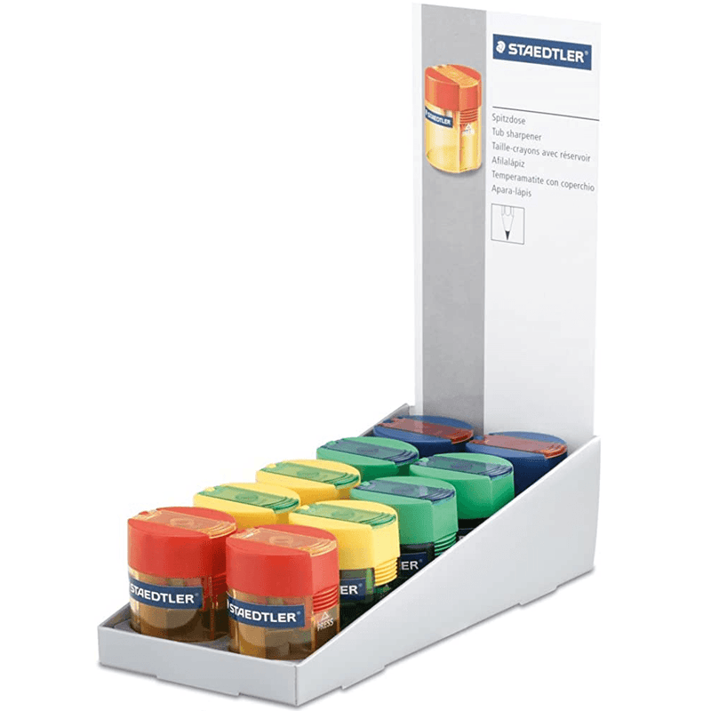 Staedtler 511 Tub Pencil Sharpener Single Hole Transparent Assorted Colours Box 10 511 006 (Box 10) - SuperOffice