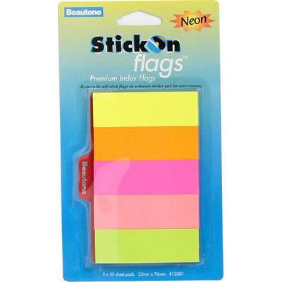 Stick On Flags 50 Sheets 25 X 76Mm Neon Assorted Pack 5 100852299 - SuperOffice