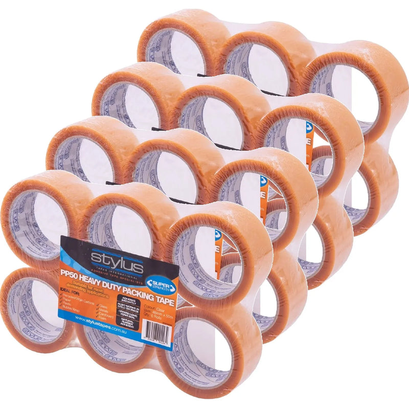 Stylus PP50 Heavy Duty Packing Tape Super Strength Clear 48mmx50m 24 Rolls Bulk PP50 (4 Pack 6 Rolls) - SuperOffice