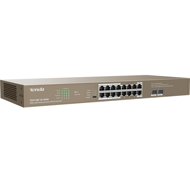 Tenda TEG1118P 16GE+2SFP Ethernet Switch With 16-Port PoE+ TEG1118P-16-250W - SuperOffice