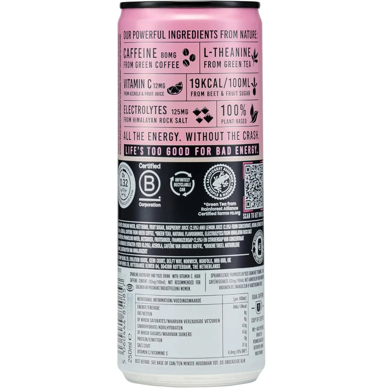 TENZING Natural Energy Drink Vegan Gluten Free Raspberry & Yuzu 330ml Can 12 Pack TENCAS12RAS330 (12 Pack) - SuperOffice